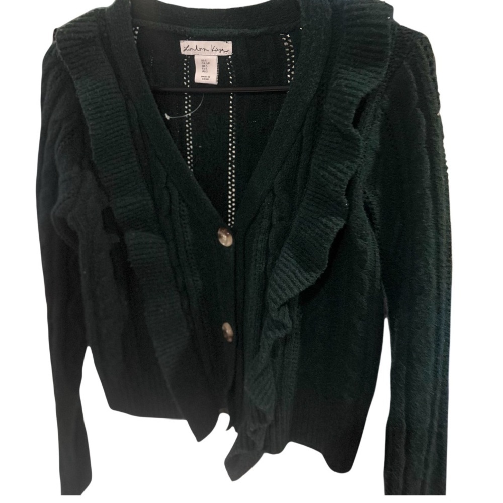 London Kaye Dark Green Ruffled Cardigan Button Sweater Size Small - Picture 6 of 12